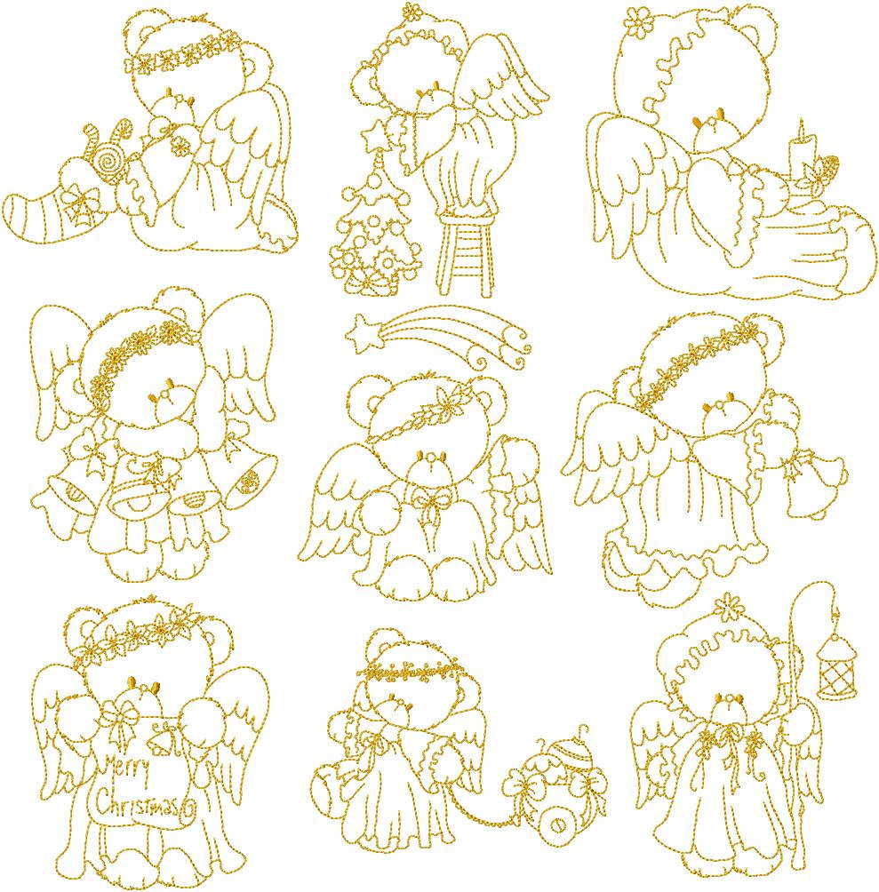Instant Digital Download Christmas Angel Teddies Holiday Linework Machine Embroidery Designs For 4x4 Hoop