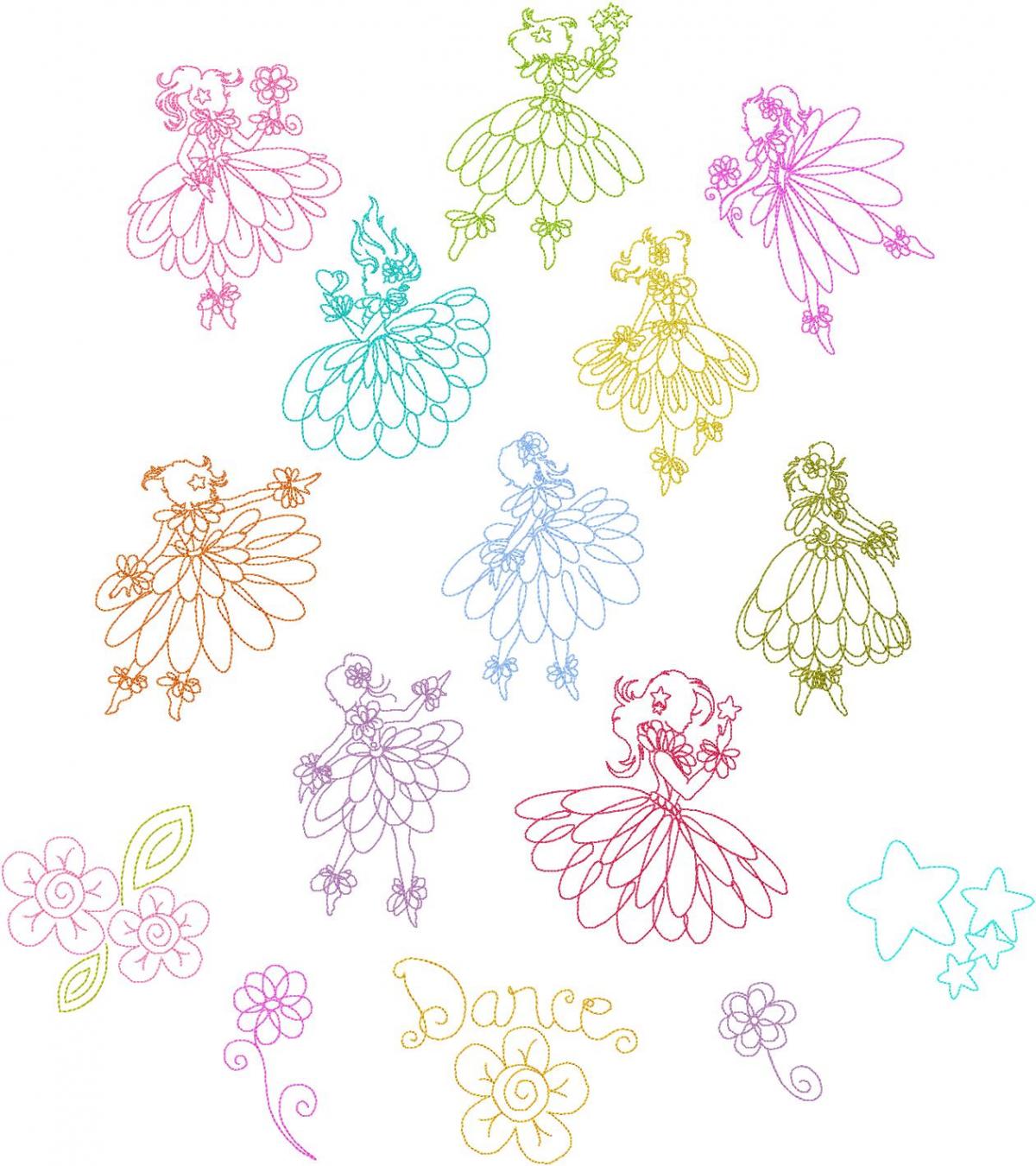 Set Of 15 Redwork Garden Ballet Fairy Dancers 2 Sizes Indcluded 4x4 & 5x7 Machine Embroidery Designs