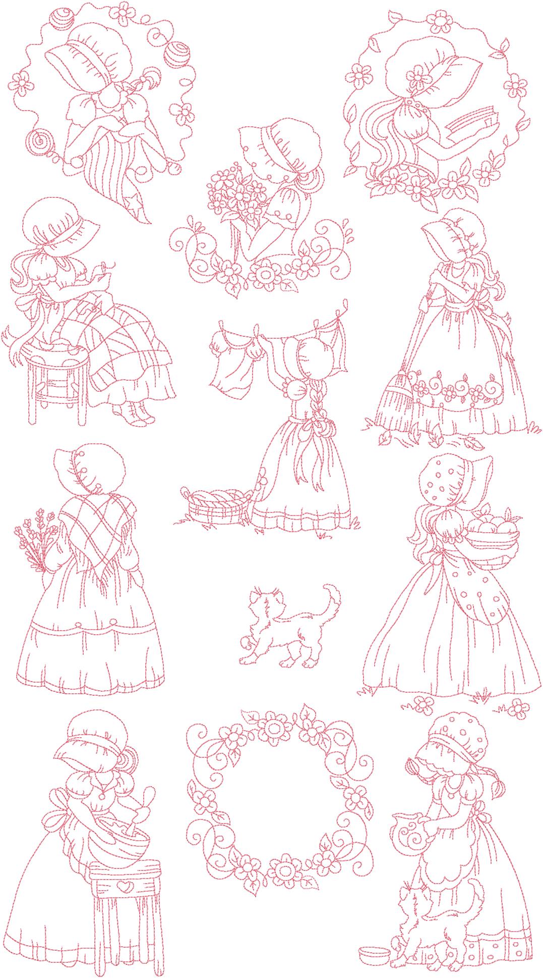 Set Of Twelve 5x7 Girls Redwork Machine Embroidery Designs on Luulla